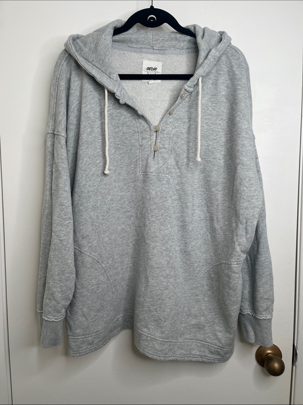 Aerie Mens Gray Hooded Henley Sweatshirt Pullover Medium Pockets * See Photos - Picture 1 of 16